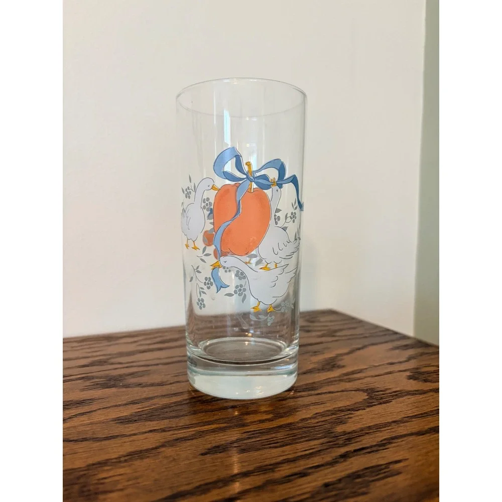 Vintage Libbey Country Geese Peach Highball Glass Blue Ribbon Tumbler Clear